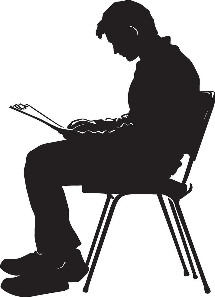 Taking an Exam Silhouette A student seated, filling out an exam paper or test sheet. full length silhouette black illustration vector