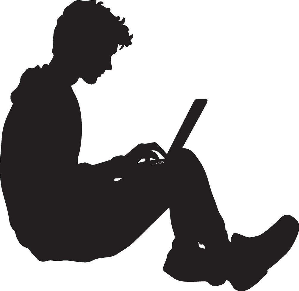 A student seated, working on a laptop, typing or browsing for research. vector