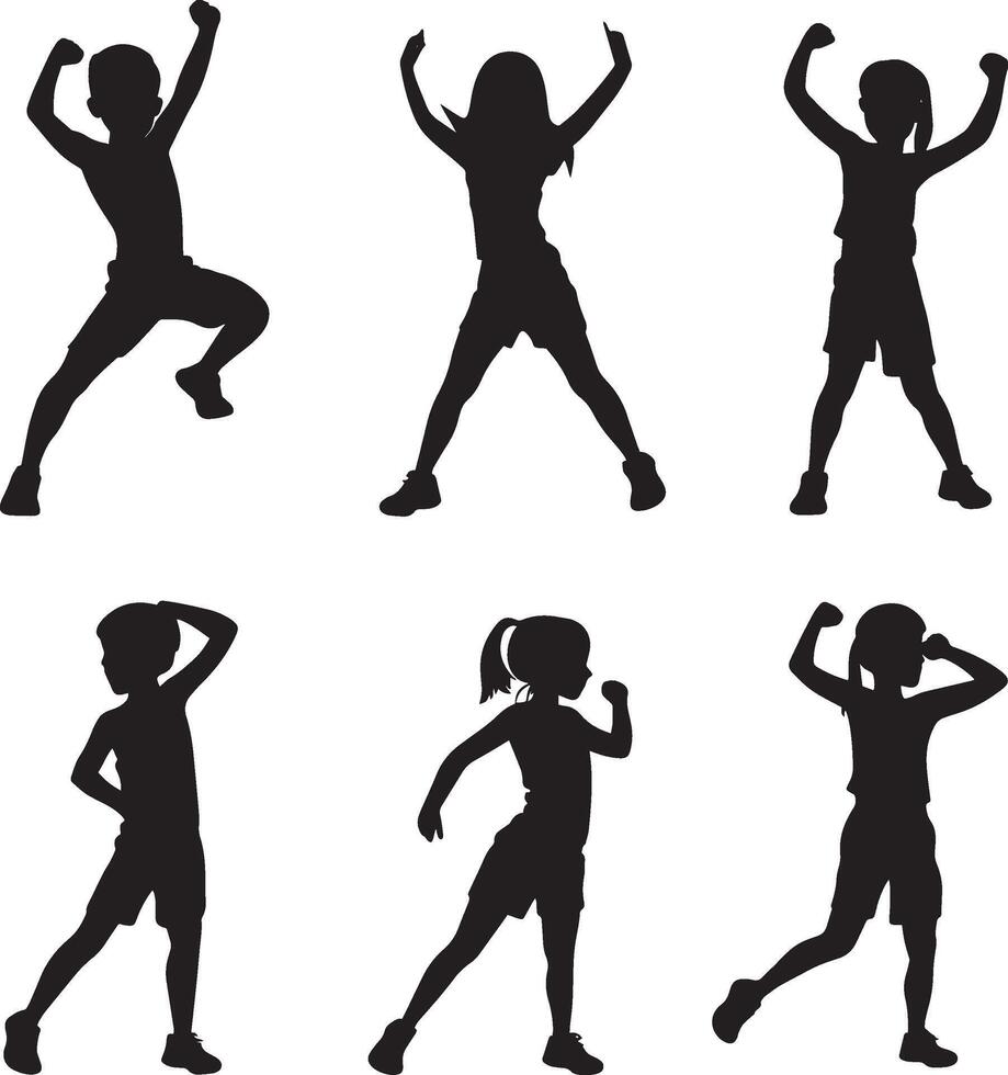 Participating in Gym Class Silhouette A student doing physical exercises or activities in a gym class, like jumping jacks or push-ups. full length silhouette black illustration vector