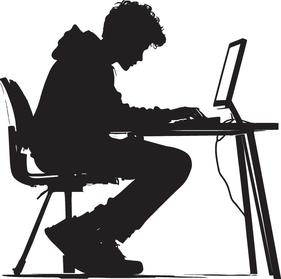 Researching Online Silhouette A student sitting at a computer, browsing or researching information for a project. vector