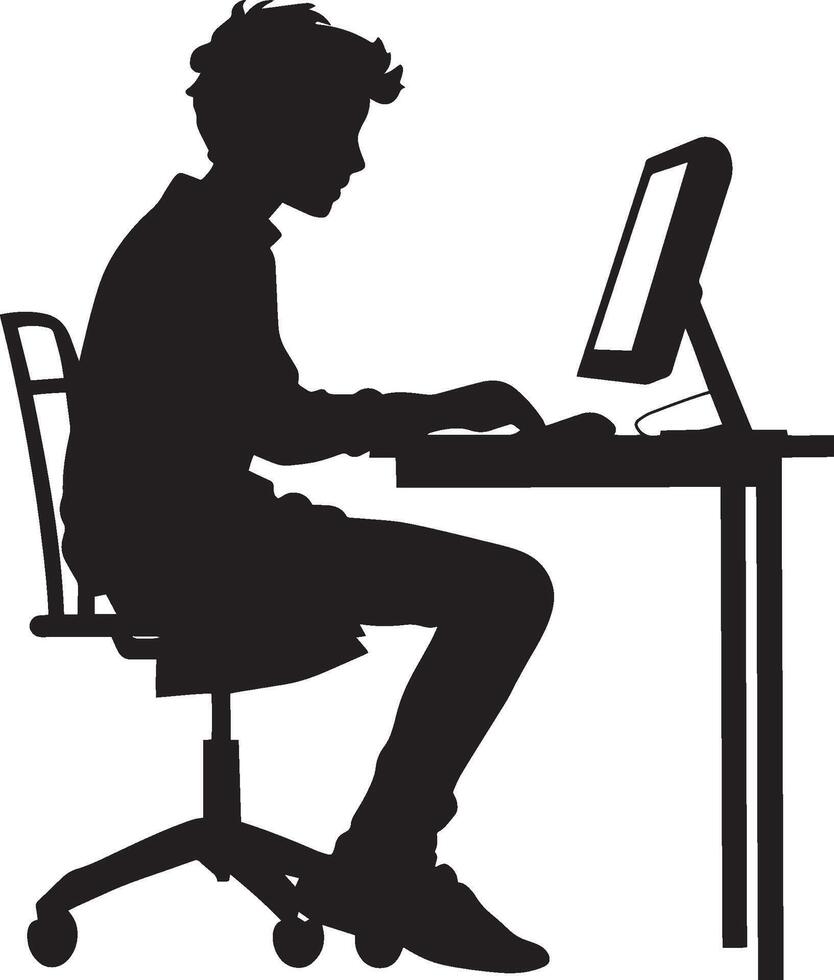 A student sitting at a computer, researching information for a project. vector