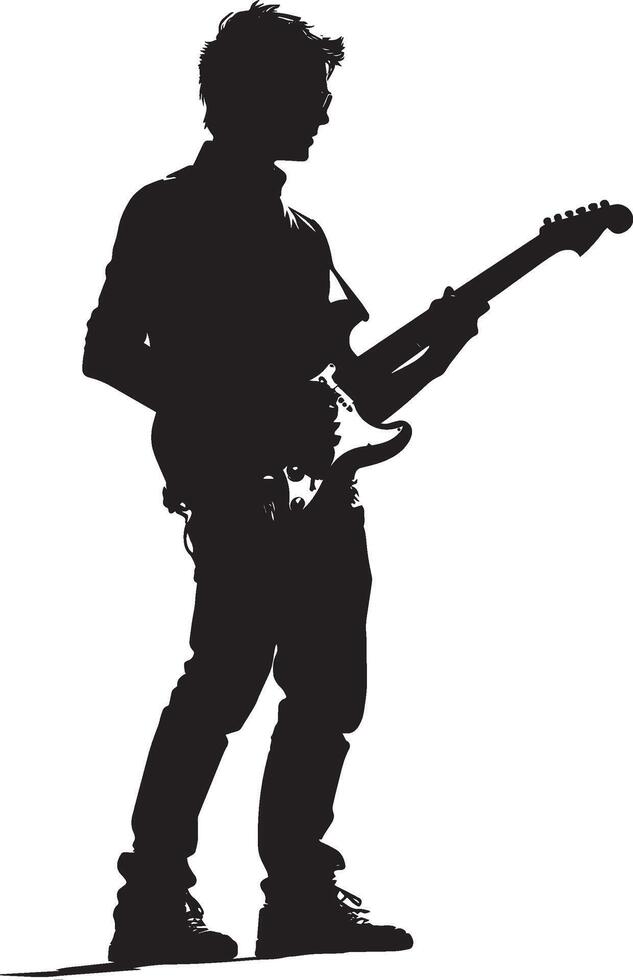 Playing a Musical Instrument Silhouette A student playing a guitar, piano, or other instrument in a music class. full length silhouette black illustration vector