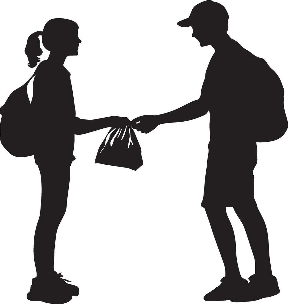 Volunteering Silhouette A student helping in a community or school service activity, like handing out supplies or assisting peers. full length silhouette black illustration vector
