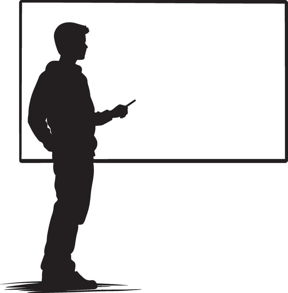 A student standing at the front, writing on a whiteboard or chalkboard. vector