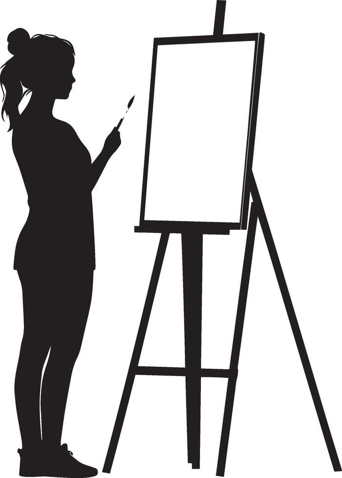 A person standing in front of an easel, painting with a brush in hand. vector