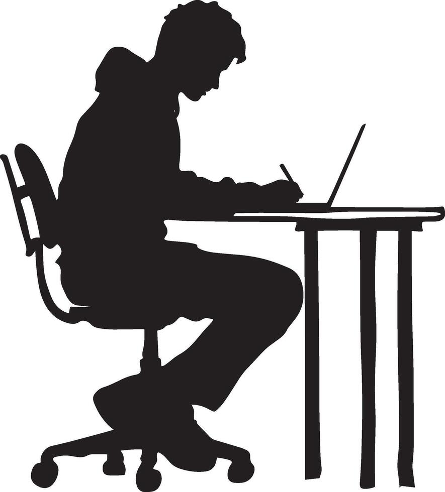 A student seated at a desk, taking notes in a notebook or on a laptop. vector