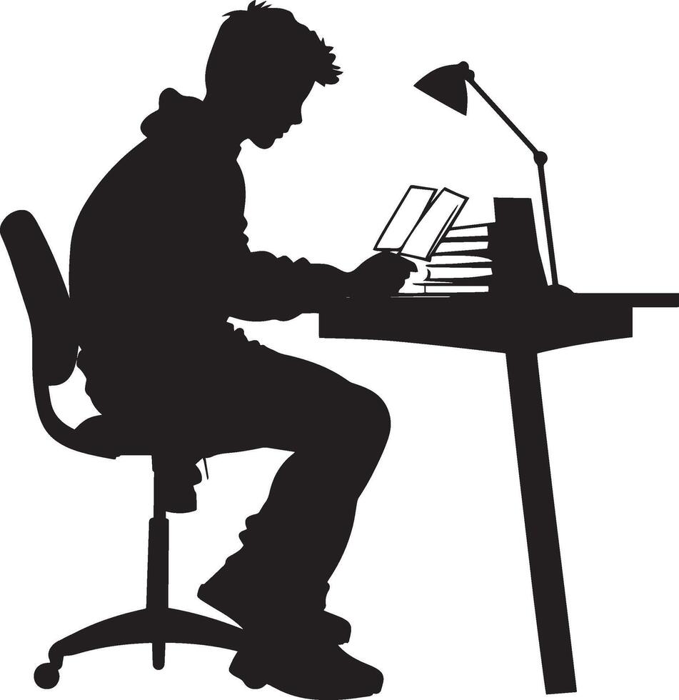 A student sitting at a desk, going through flashcards for test preparation. vector