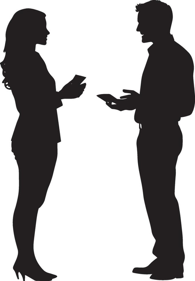 Two professionals exchanging business cards while talking at a networking event. vector