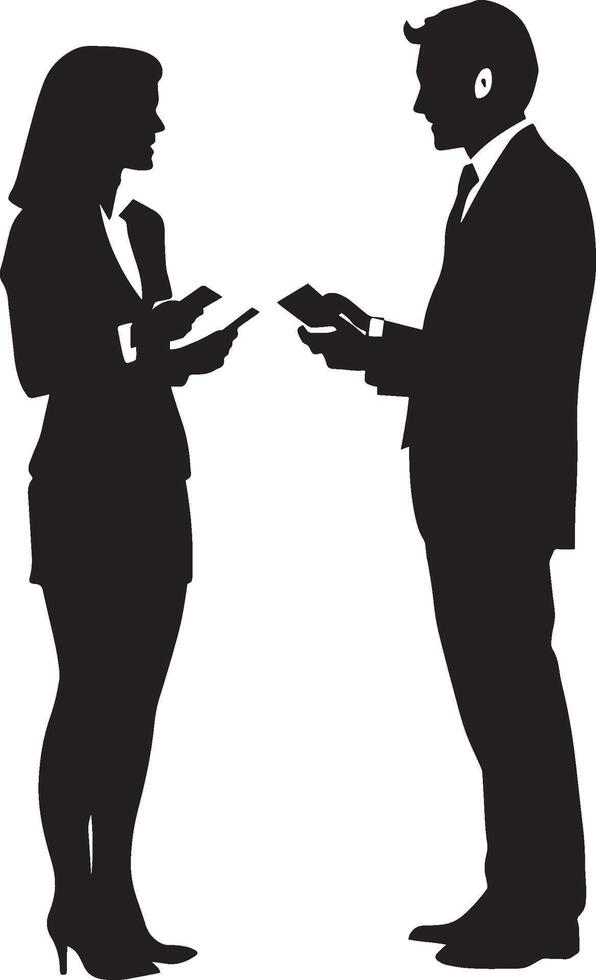 Two business people conversing and exchanging cards at a social or professional gathering. vector