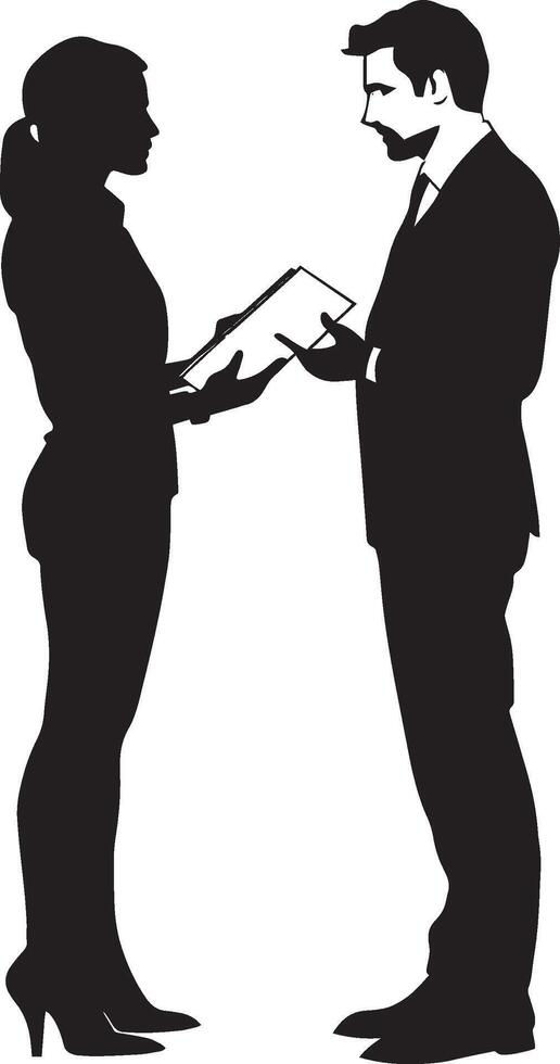 Discussing Strategy Silhouette A business person holding a document, discussing strategy or goals with a team member. full length silhouette black illustration vector