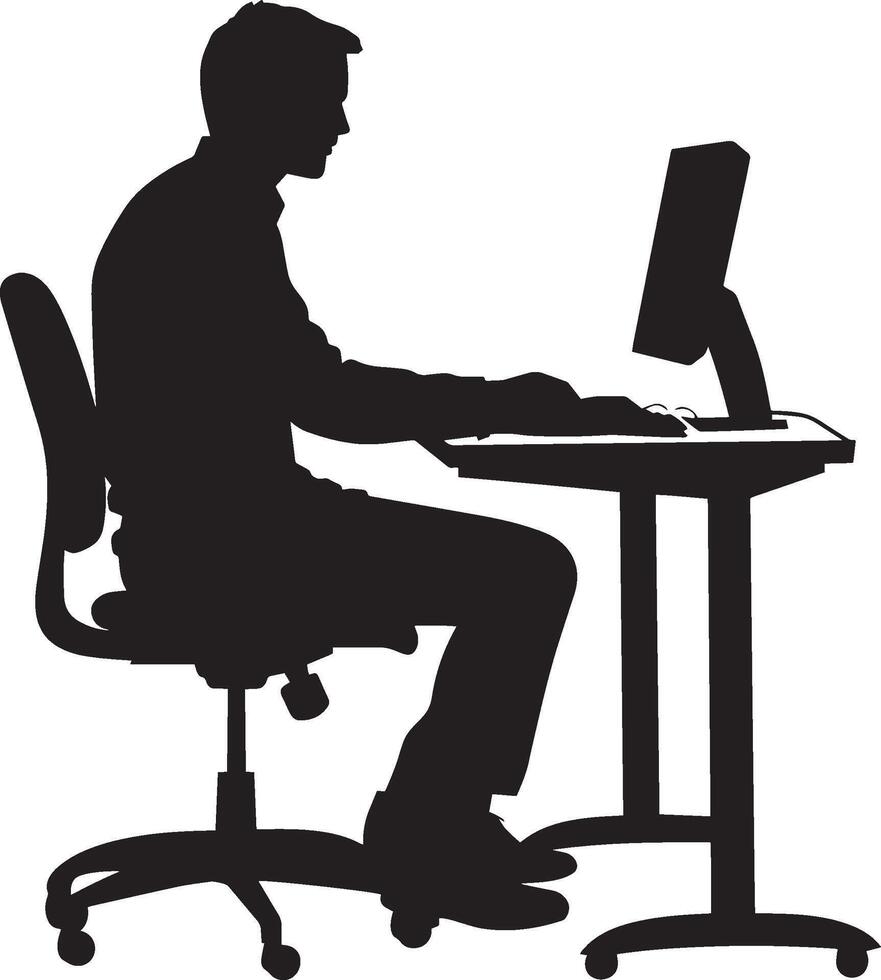 A business person sitting at a desk, working on a computer screen. vector