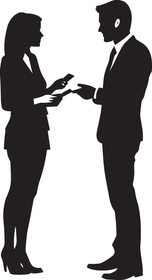 Two business people engaging in conversation and swapping business cards at an event. vector