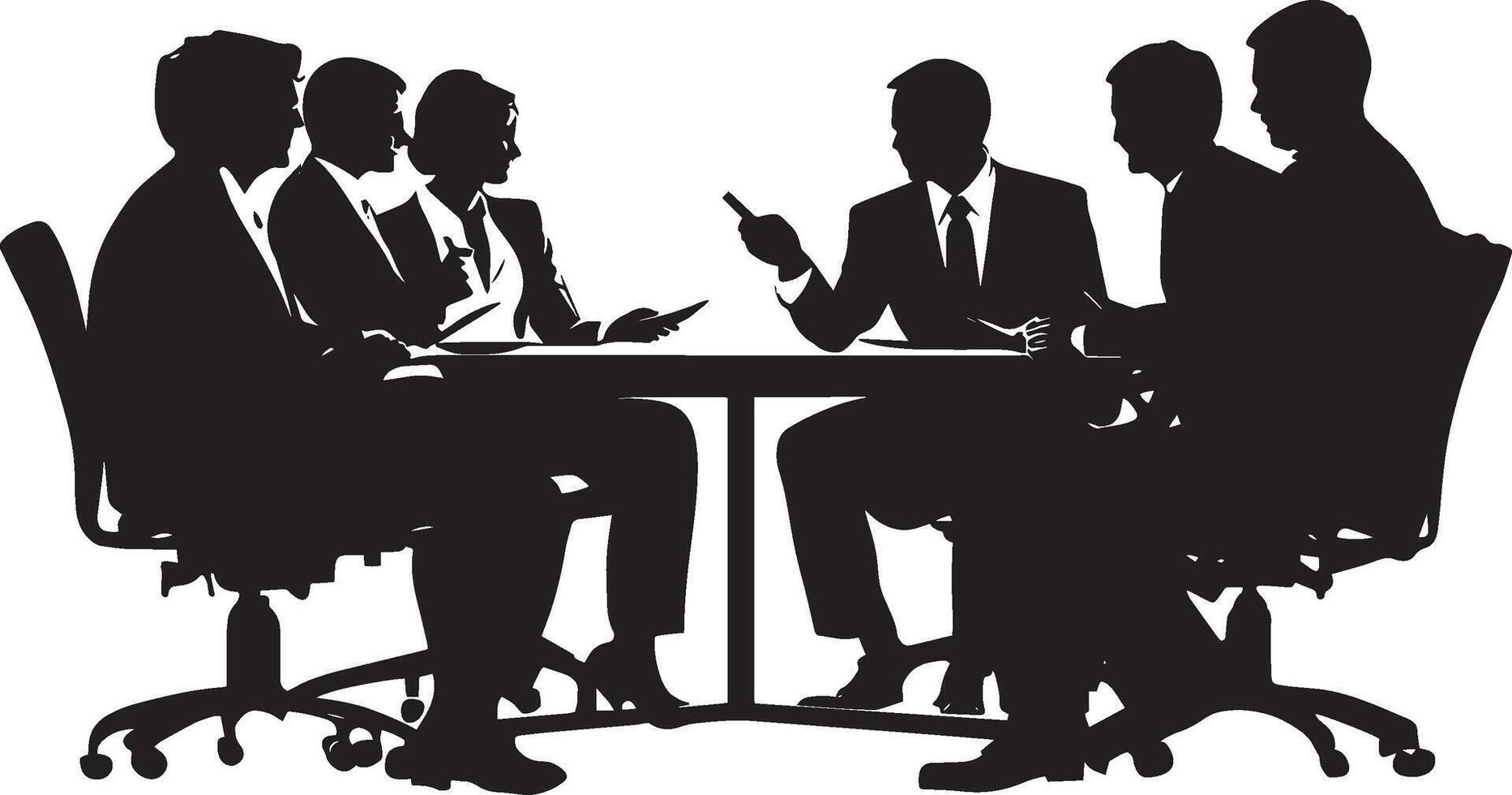 Several business people gathered around a table, exchanging ideas and working together. vector