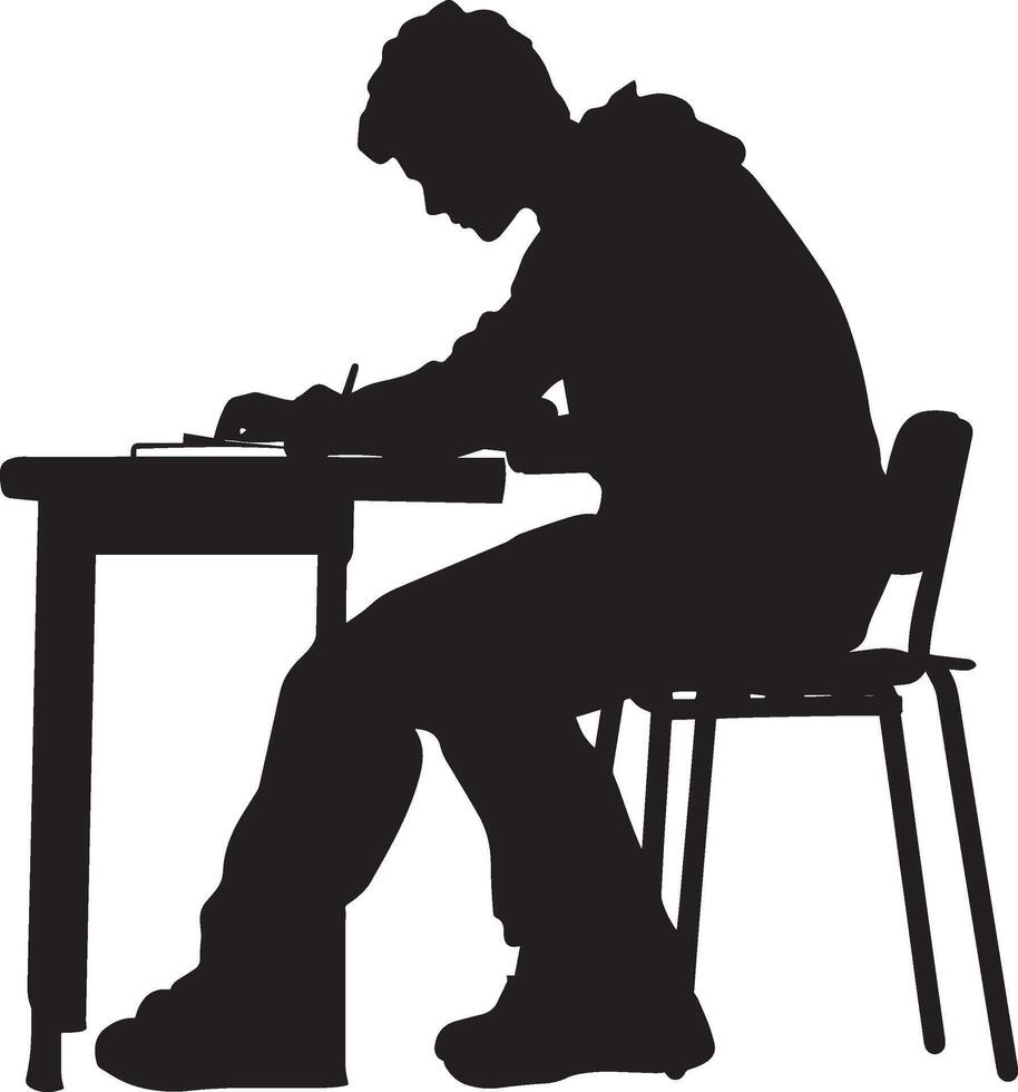 Writing an Essay Silhouette A student hunched over a desk, typing or writing intensely on paper. full length silhouette black illustration vector