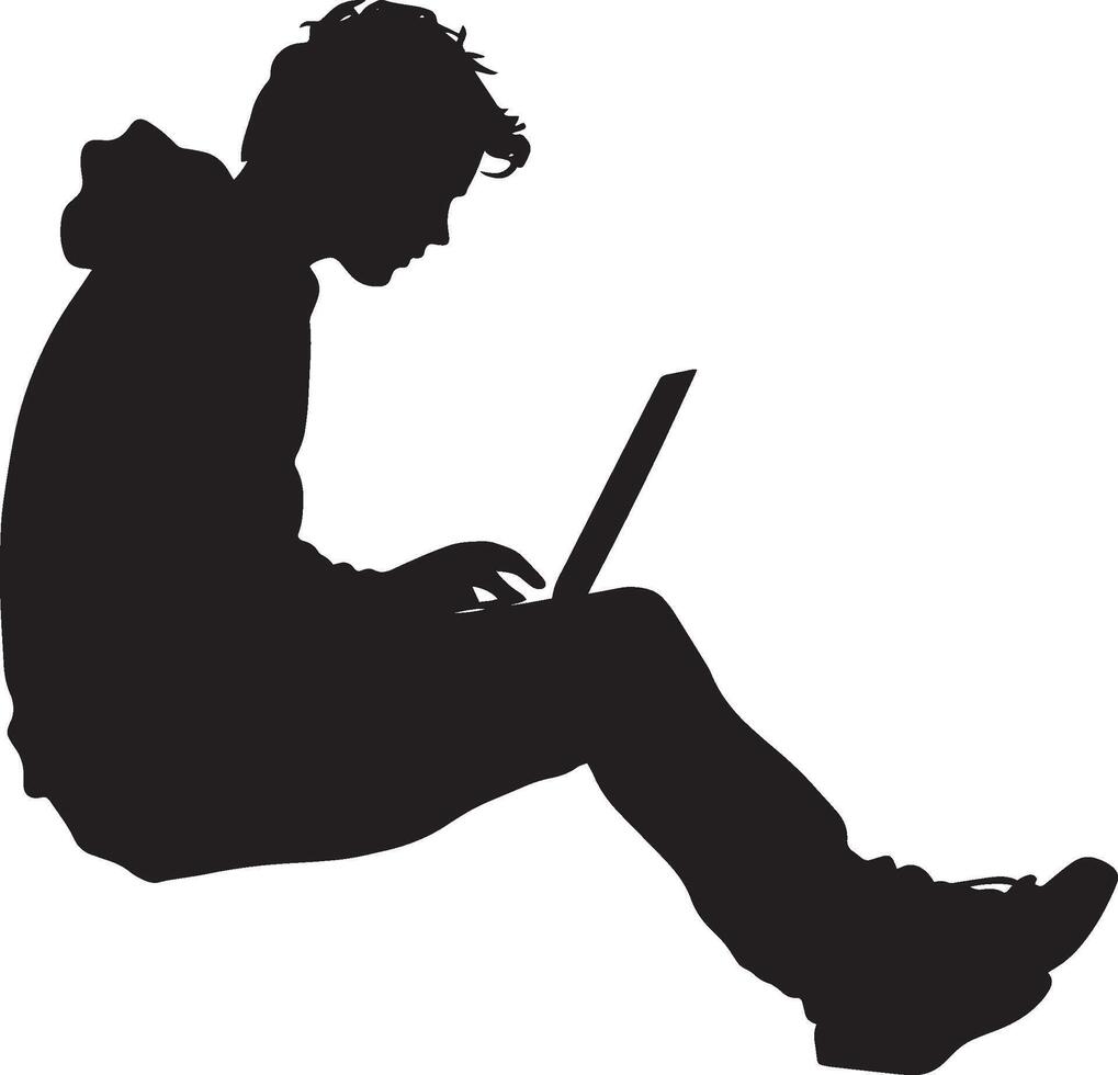 A student sitting at a desk with a laptop, typing or looking up information online. vector