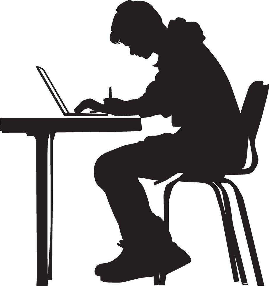 A student seated at a desk, writing notes in a notebook or on a laptop. vector