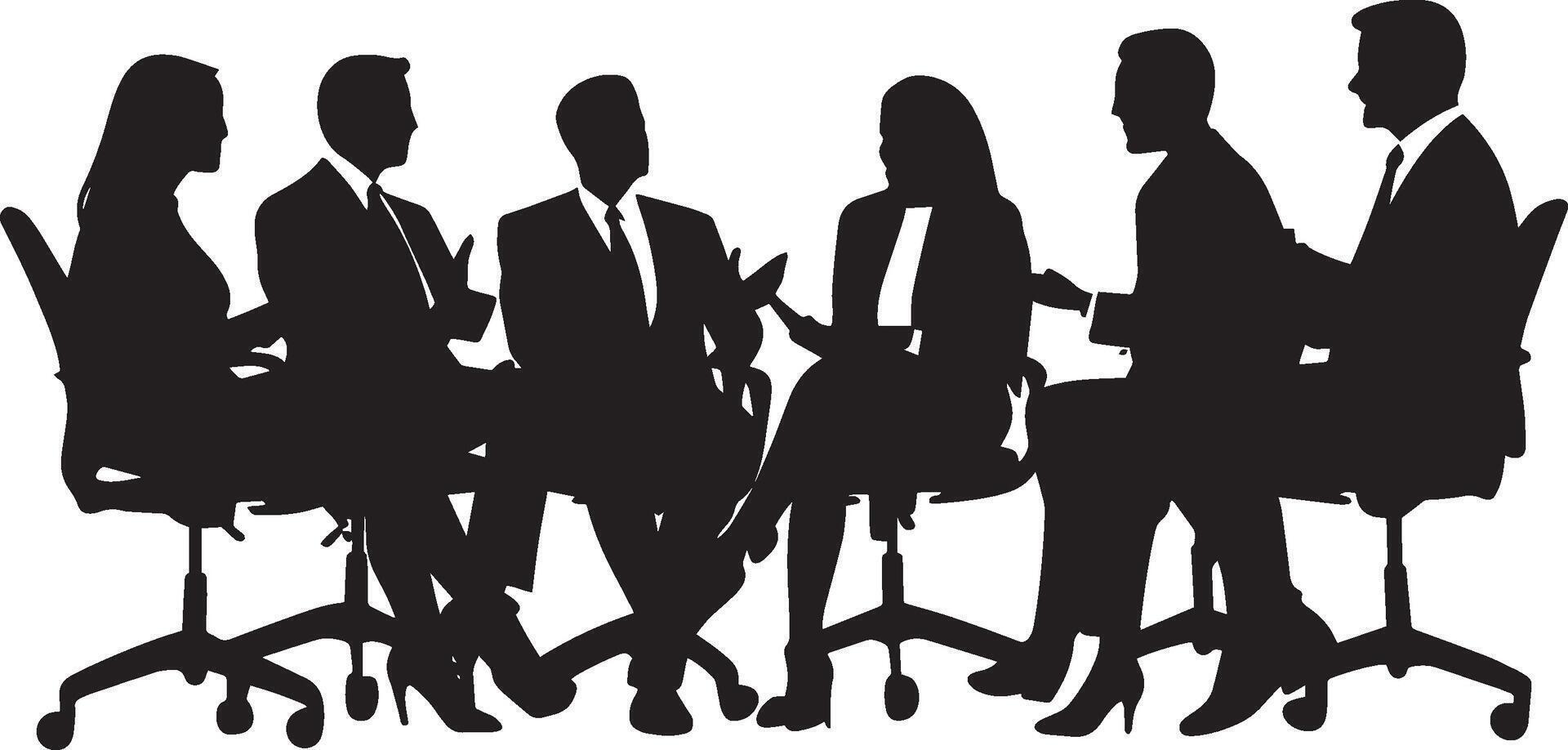 Team Discussion Silhouette A group of business people sitting, actively discussing a topic or plan of action. full length silhouette black illustration vector