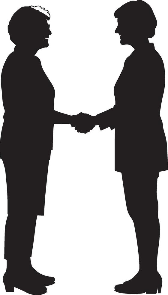 Elderly woman participating in a handshake, portrayed in a full-length silhouette. vector