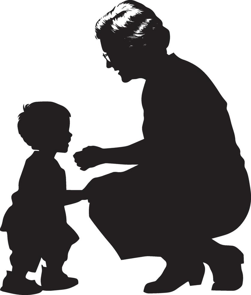 Elderly woman interacting with a child, sitting or kneeling on the floor in a full-length silhouette. vector