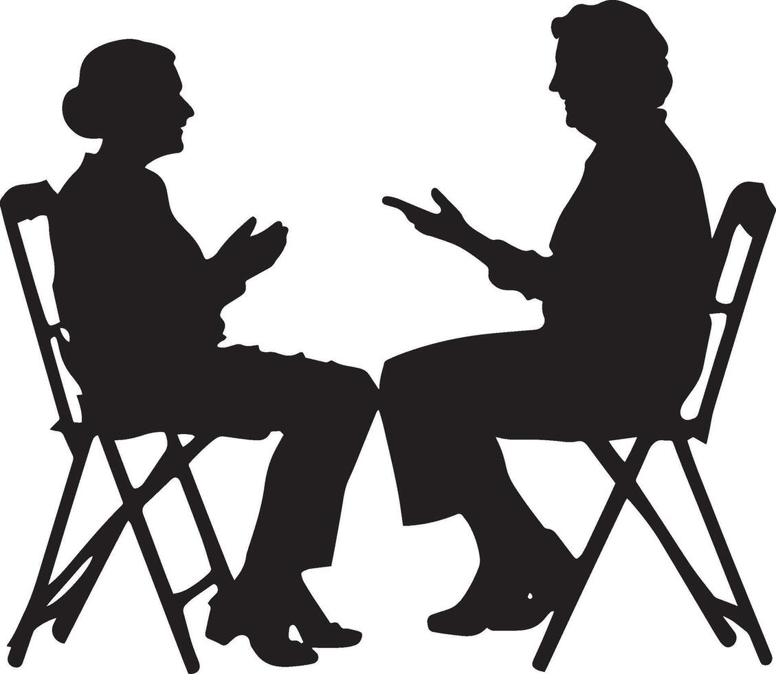 Elderly woman having a discussion with a family member, standing or sitting, in a full-length silhouette illustration. vector