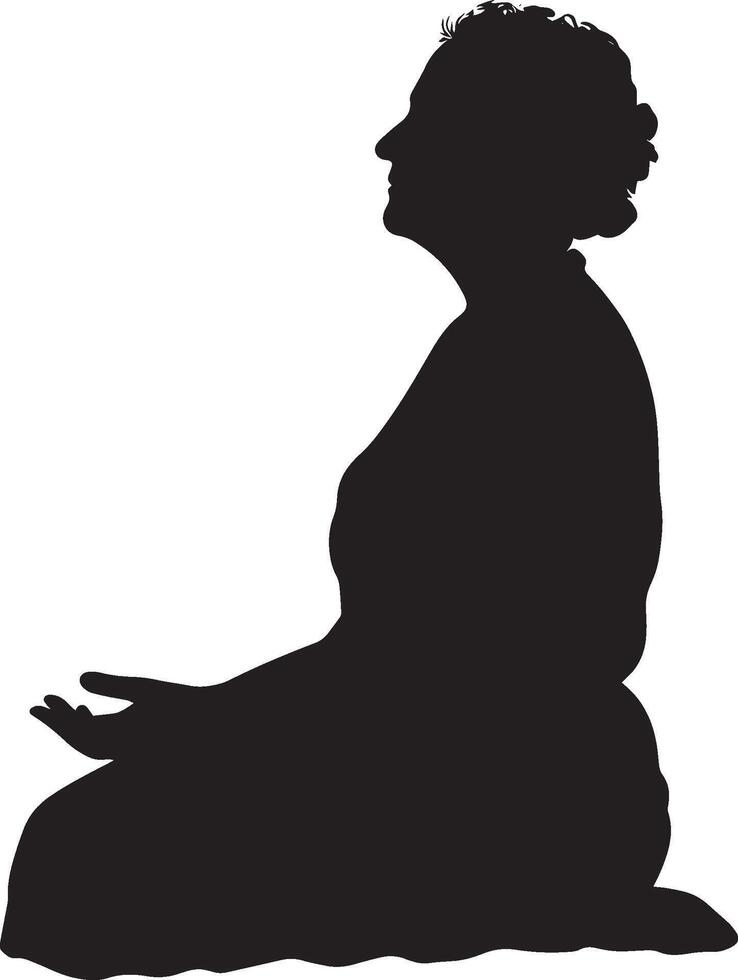 Meditation Silhouette A senior woman sitting calmly, hands resting on her lap, practicing deep breathing in a full-length silhouette. vector