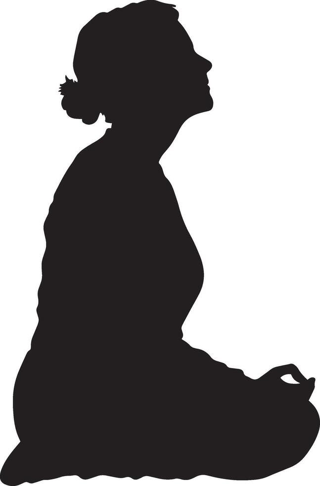 Deep Breathing Silhouette An elderly woman sitting with her hands on her lap, concentrating on her breath, depicted in a full-length silhouette. vector
