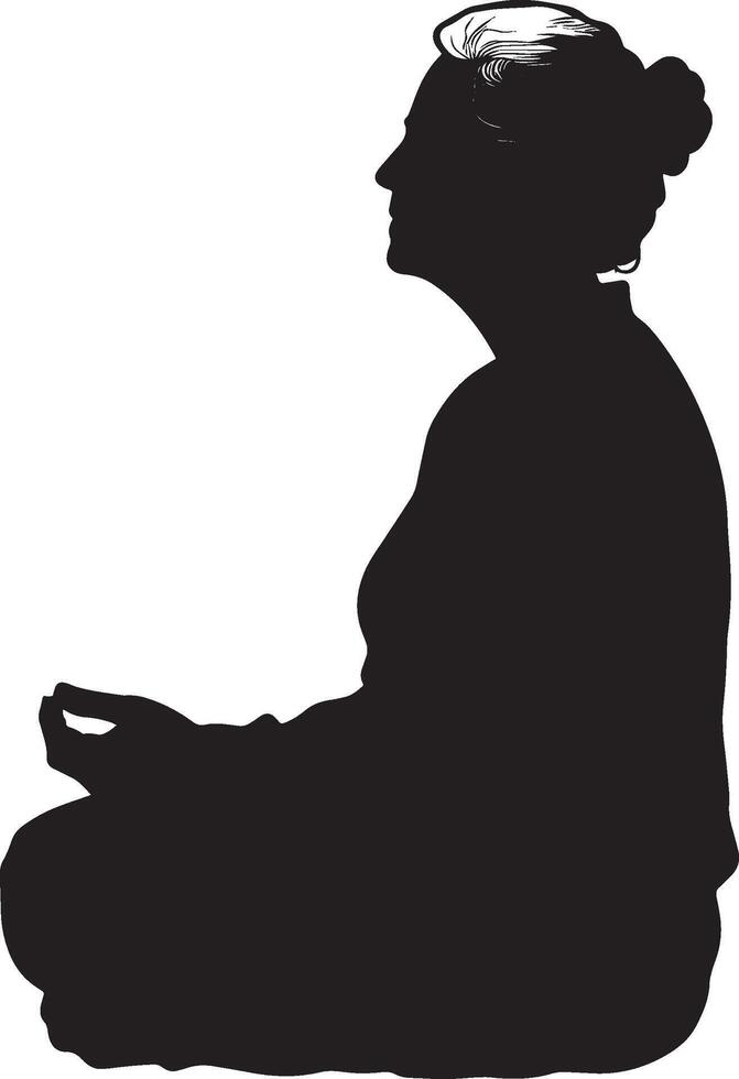 Calm Breathing Pose A senior woman in a full length silhouette, sitting with hands on her lap focusing on her breath. vector