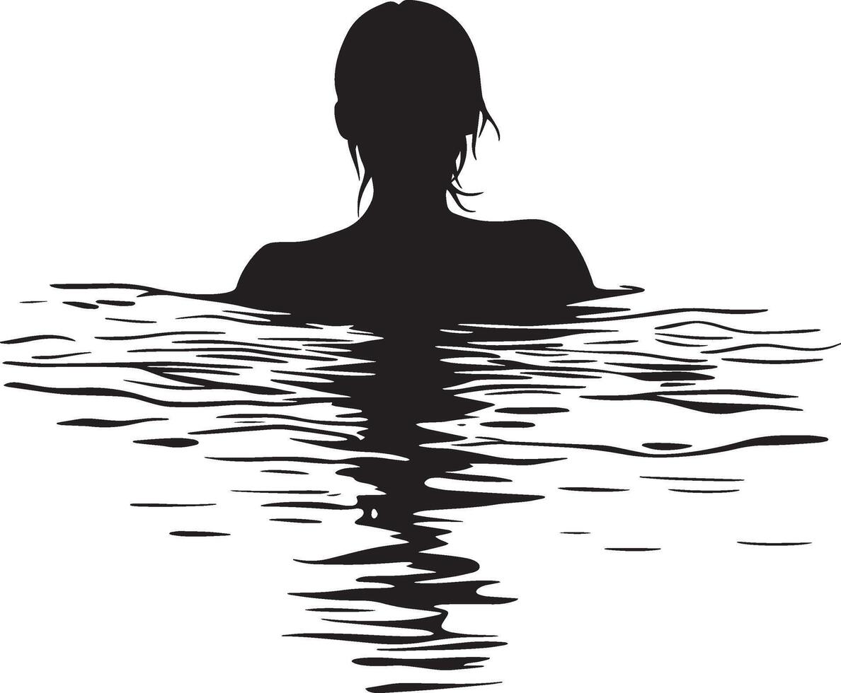 A senior woman gently treading water or swimming, shown in a full-length black silhouette illustration. vector