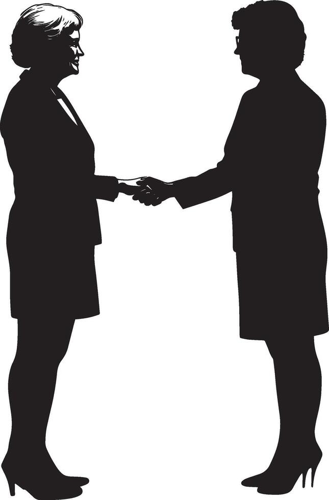 A senior woman shaking hands with someone, captured in a full-length black silhouette. vector