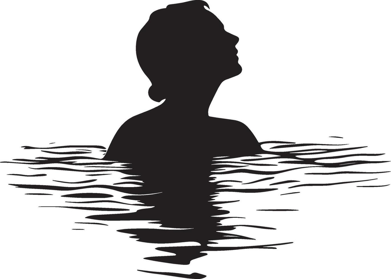 Elderly woman swimming gracefully, captured in a full-length silhouette in black . vector