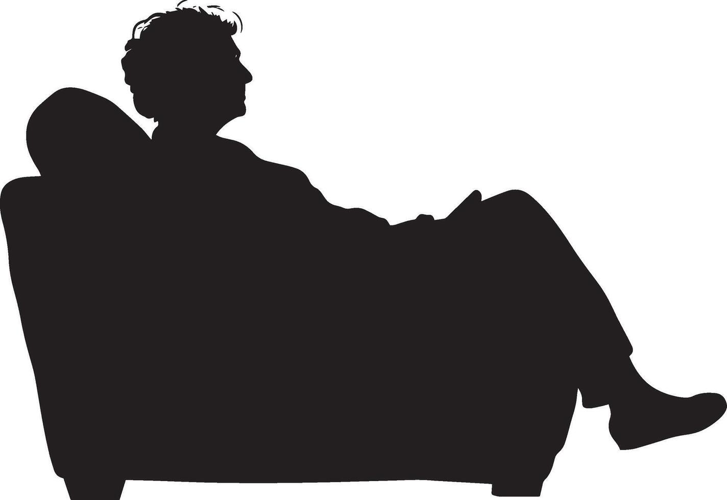 A senior woman sitting on a couch, eyes fixed on the TV, shown in a full-length black silhouette. vector