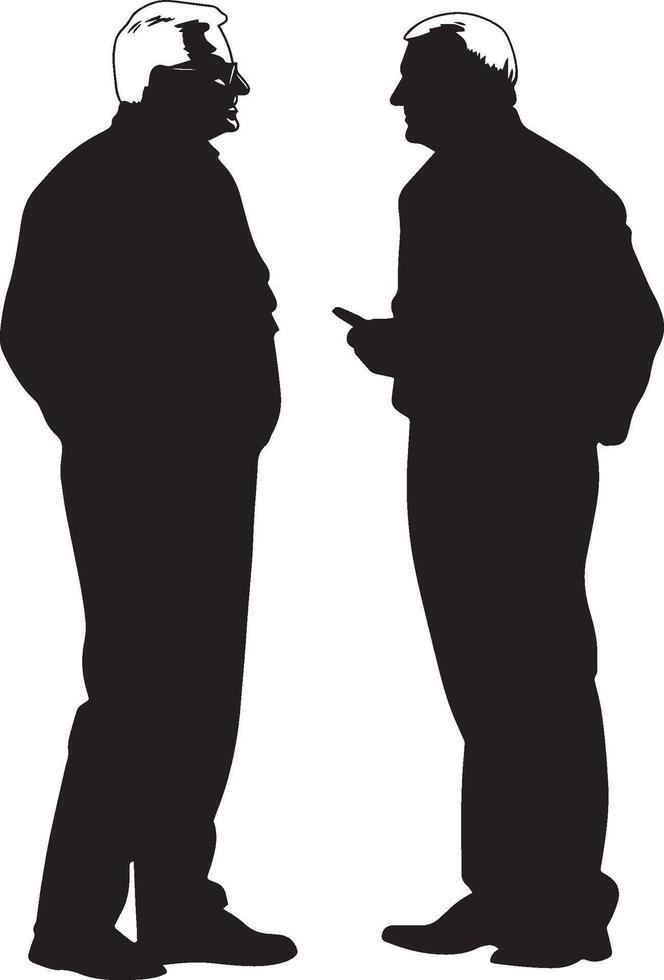Two elderly men conversing, standing next to each other, shown in a full-length silhouette. vector