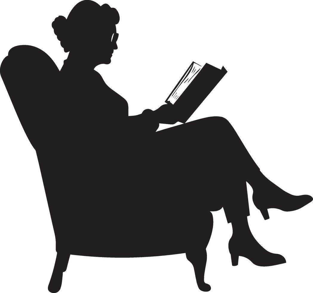 Elderly woman sitting in a chair, engrossed in a book, captured in a full-length silhouette. vector