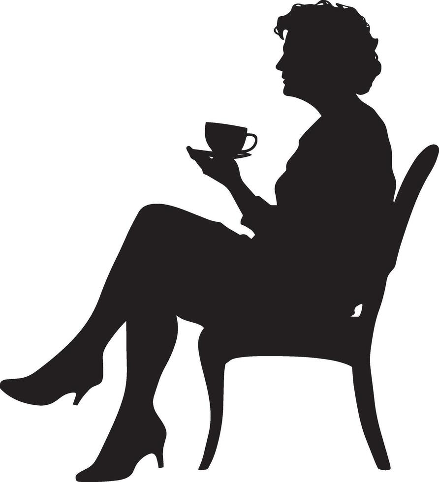 Elderly woman enjoying a cup of tea or coffee, shown seated or standing in a full-length silhouette. vector