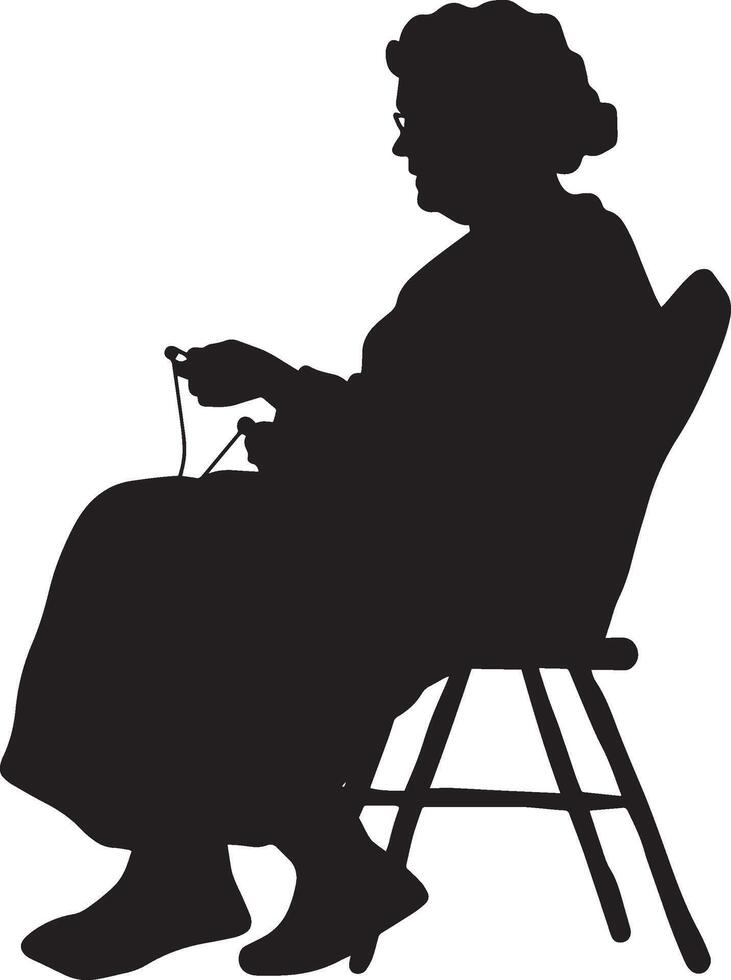 Elderly woman seated, focused on knitting or crocheting, captured in a full-length silhouette. vector