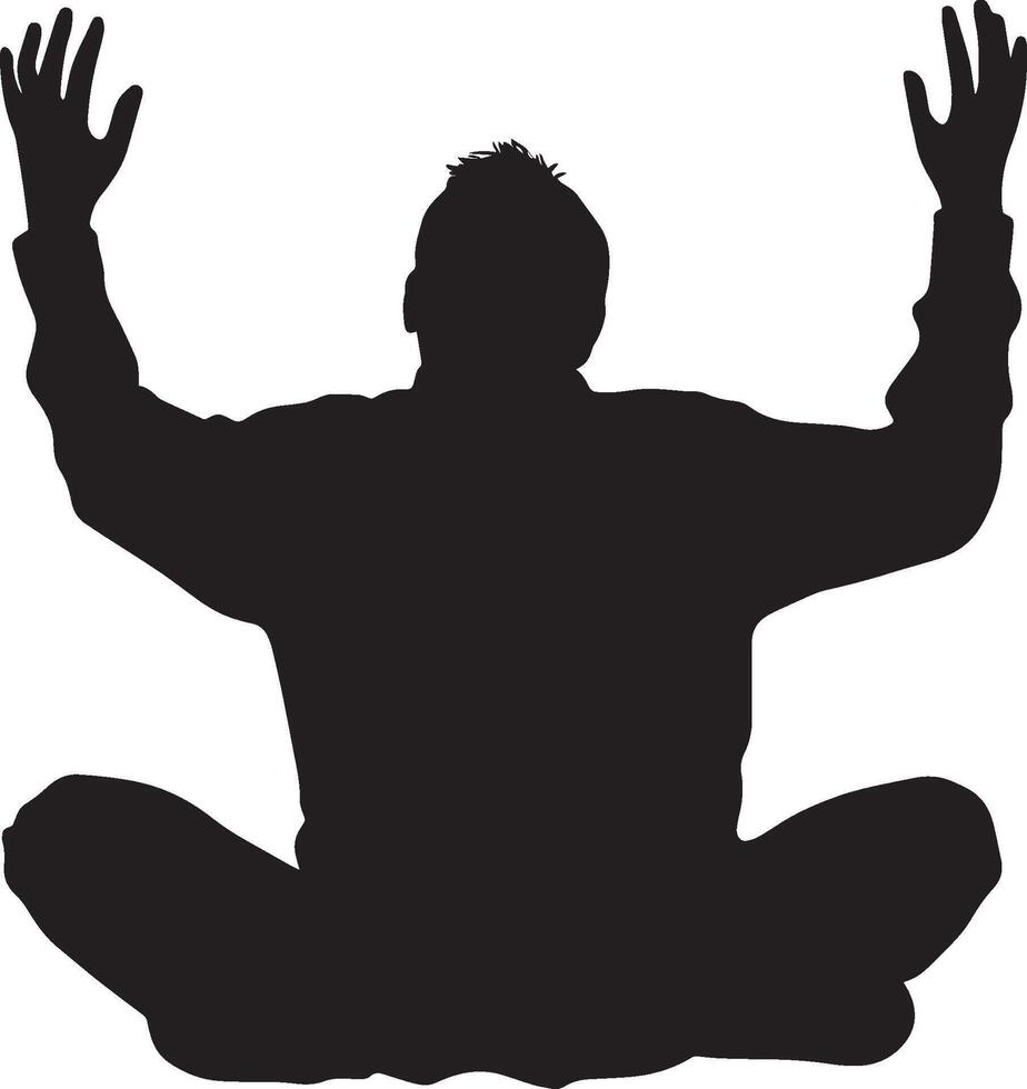A senior man in a deep breathing pose, arms raised, seated or standing, captured in a full-length silhouette. vector