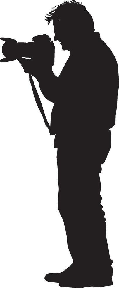 A senior man holding a camera, focused on taking a picture, depicted in a full-length black silhouette. vector