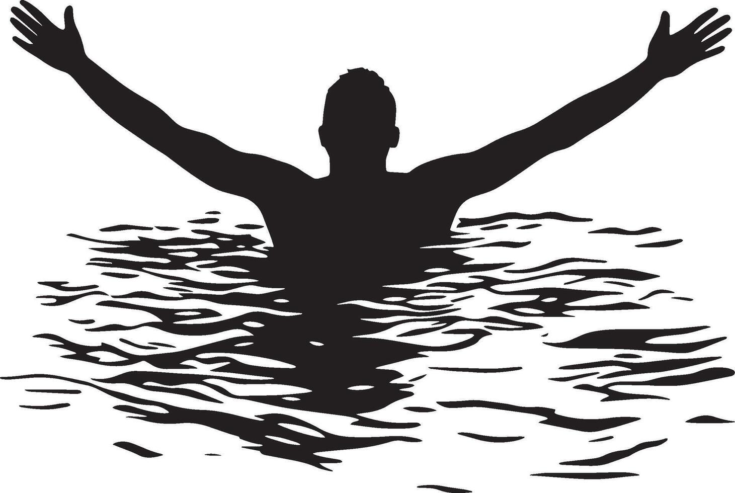 A senior man swimming or treading water, arms reaching forward, depicted in a full-length black silhouette. vector