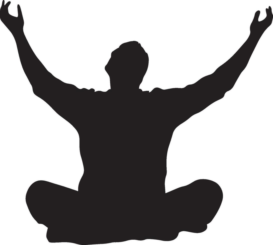 A senior man sitting or standing with deep, slow breaths, arms raised, depicted in a full-length black silhouette. vector