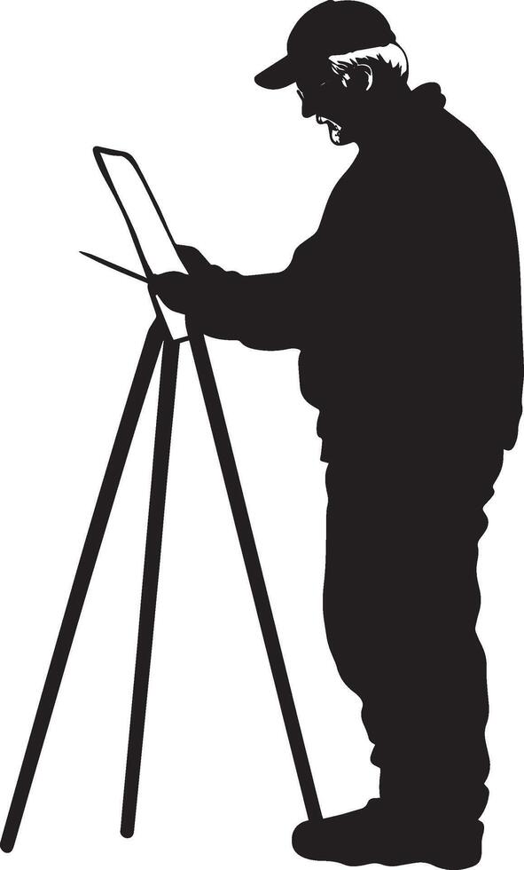 A senior man standing or sitting with a brush or pencil, creating art, depicted in a full-length black silhouette. vector