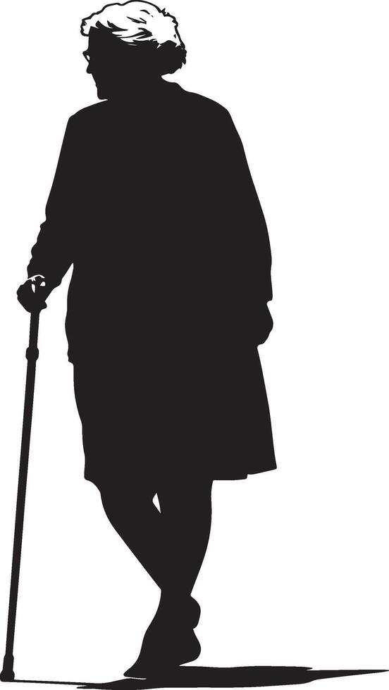 Elderly woman walking with a cane, head slightly inclined, depicted in a full-length black silhouette. vector