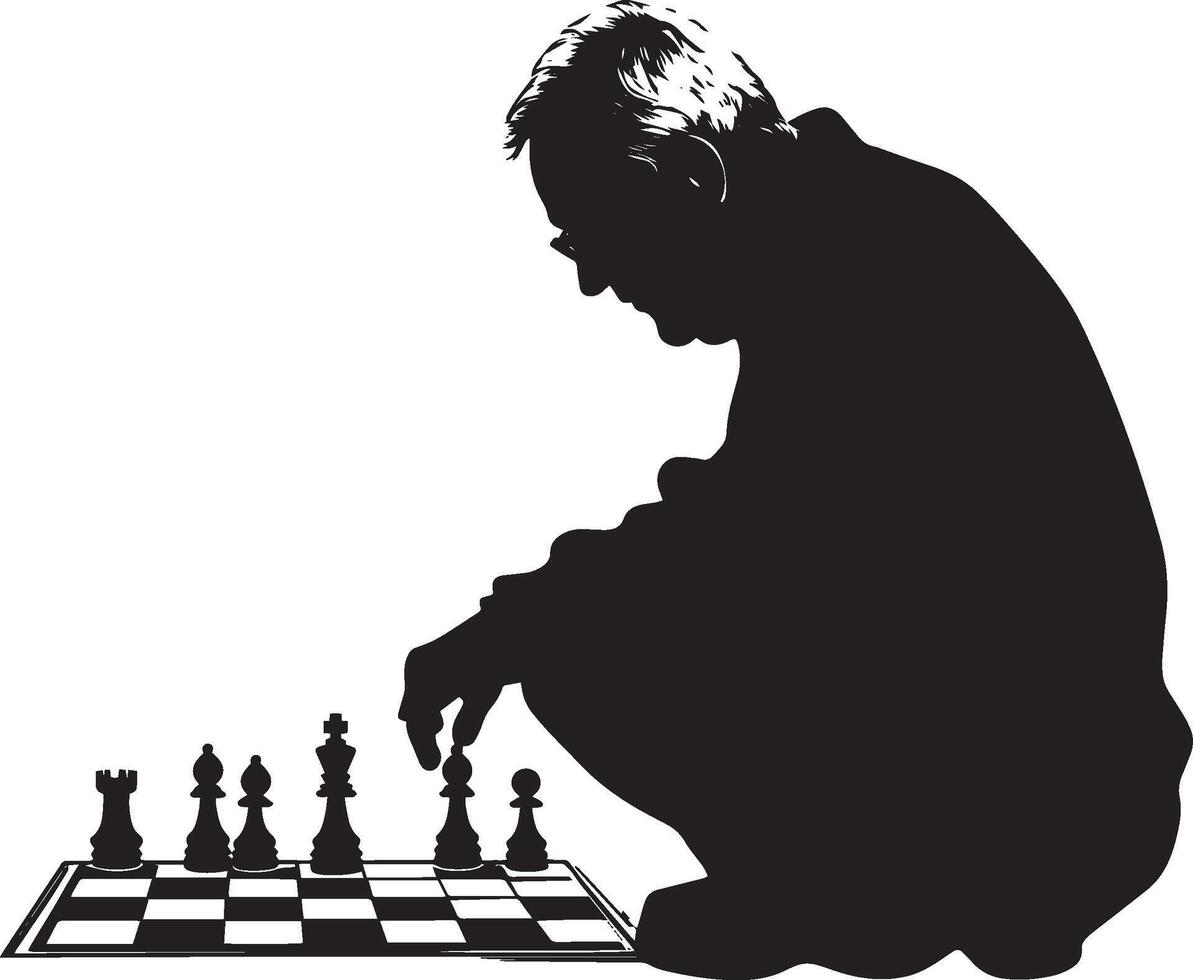 Elderly man sitting, deeply engaged in a chess game, shown in a full-length silhouette. vector