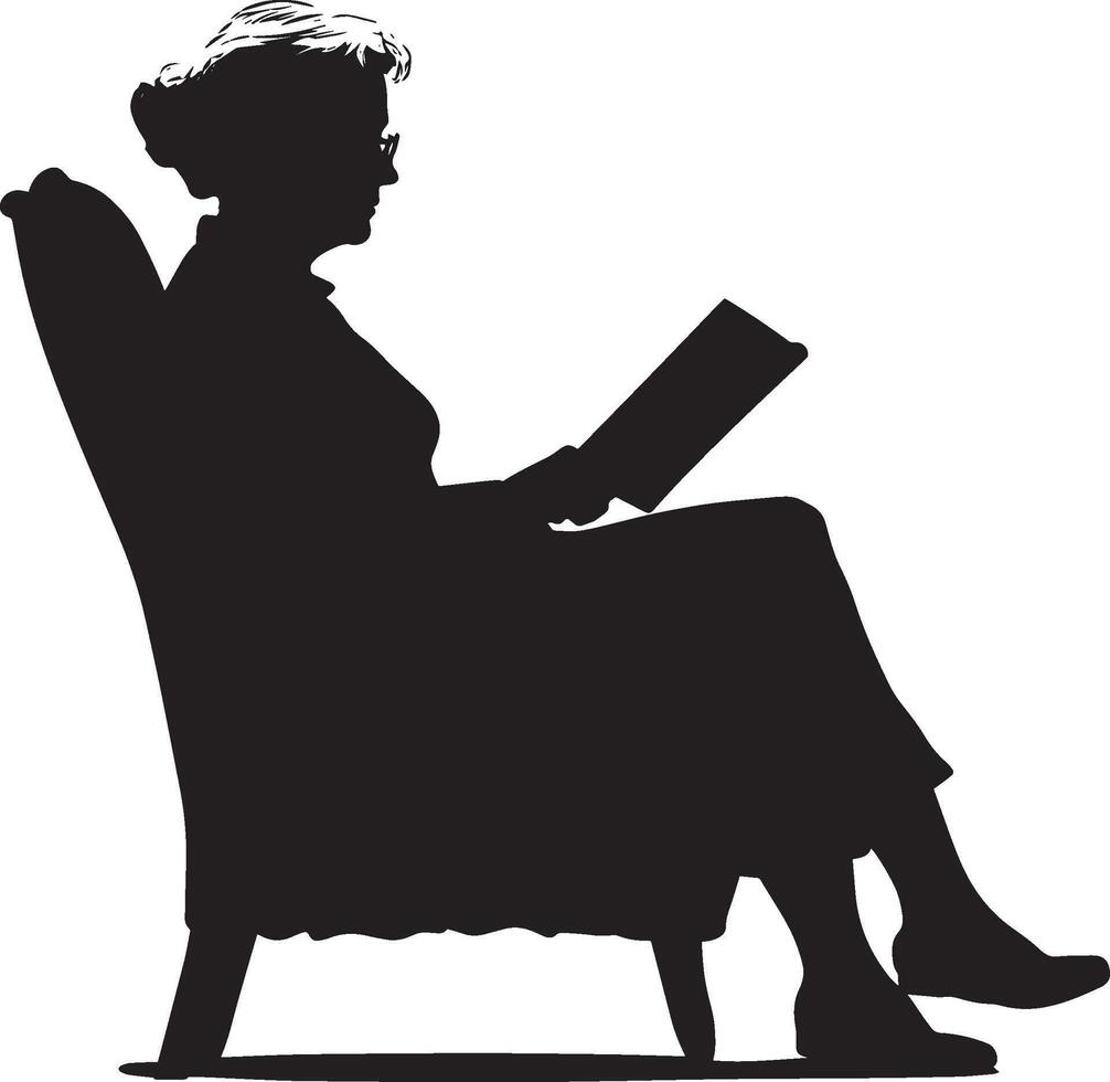 A senior woman seated in a chair, reading a book with concentration, shown in a full-length black silhouette. vector