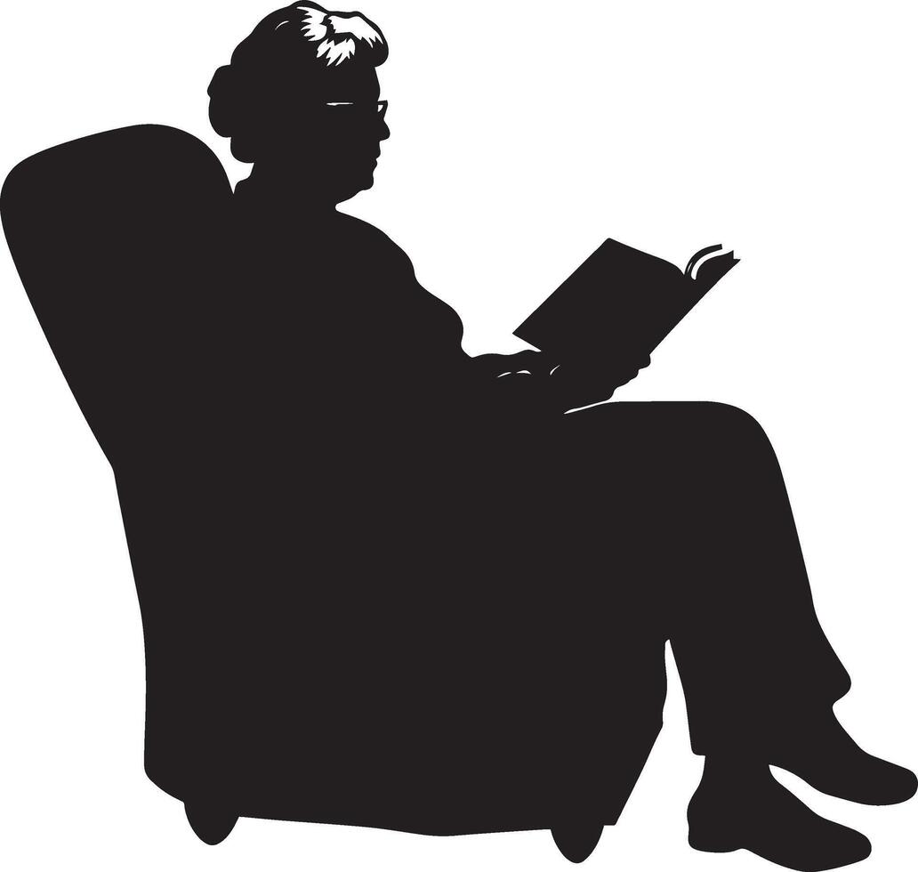A senior woman sitting in a comfortable chair, deeply focused on a book, depicted in a full-length black silhouette. vector