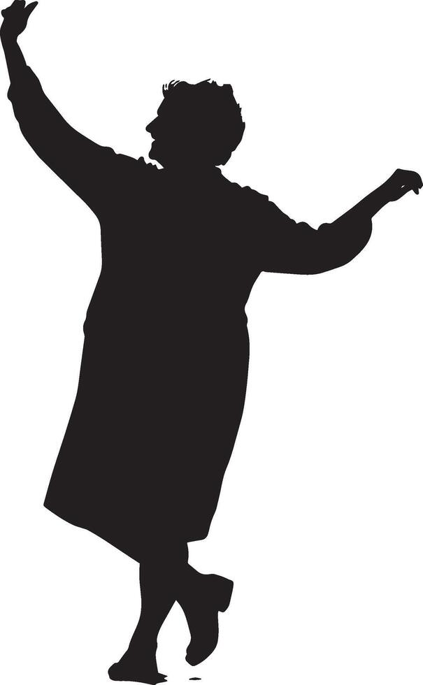 Elderly woman in a dance pose, arms lifted or holding a partner, depicted in a full-length silhouette. vector