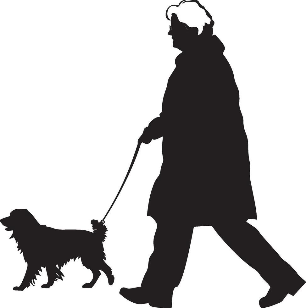 A senior woman walking leisurely with a dog on a leash, depicted in a full-length black silhouette. vector
