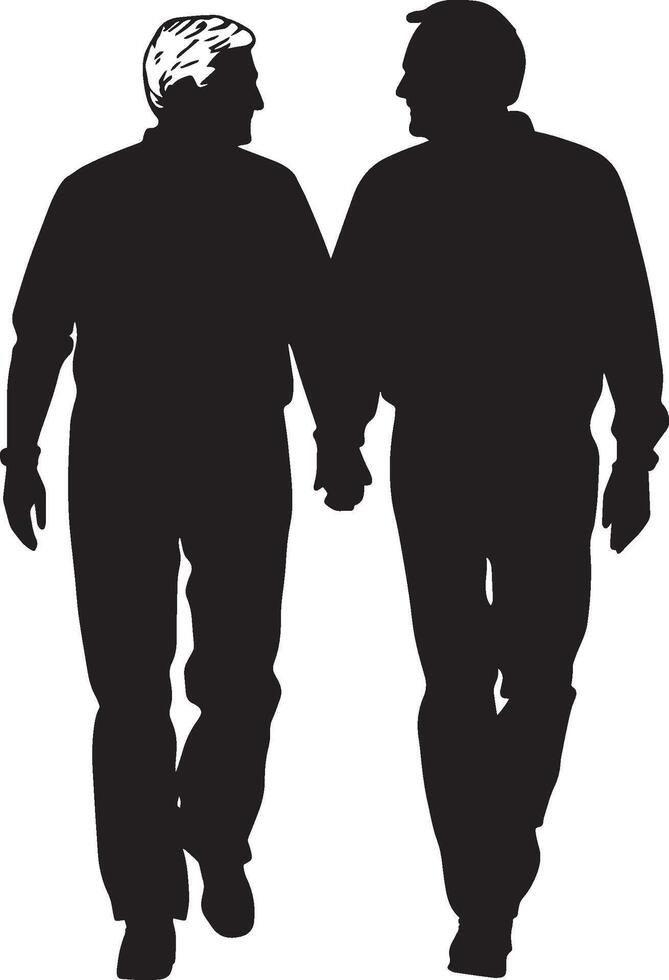 A senior man walking with a spouse, holding hands, captured in a full-length silhouette. vector