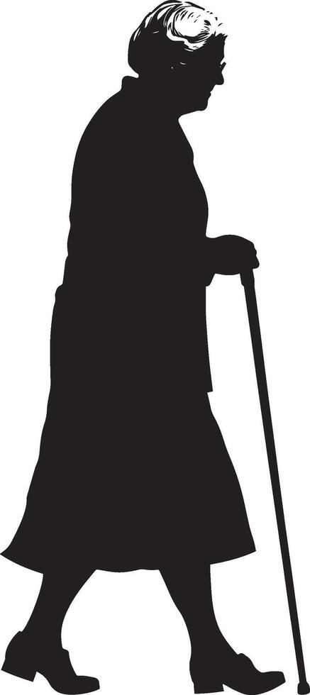Elderly woman walking with a cane, her head gently forward, shown in a full-length silhouette. vector