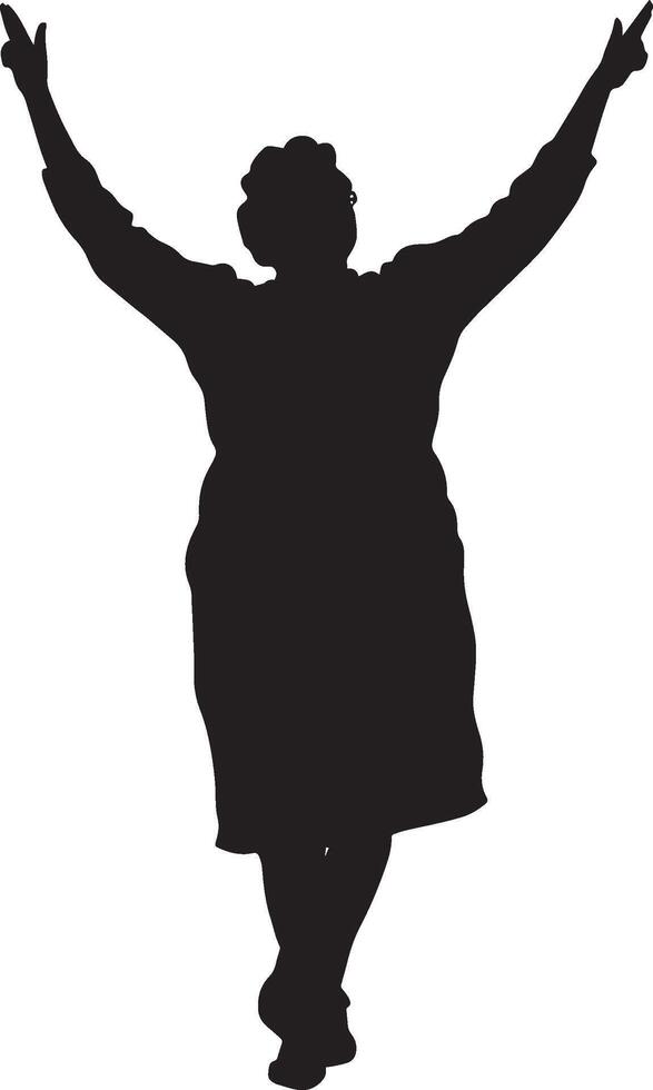 A senior woman gracefully dancing, arms raised or holding a partner, captured in a full-length black silhouette. vector