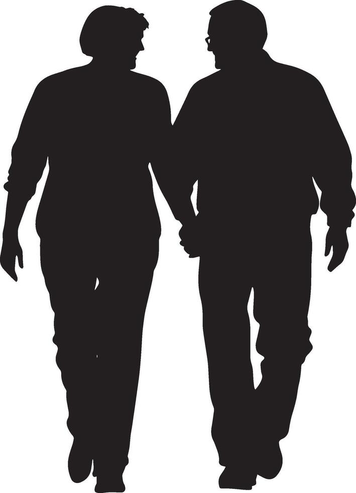A senior man walking hand-in-hand with a partner or spouse, depicted in a full-length black silhouette. vector